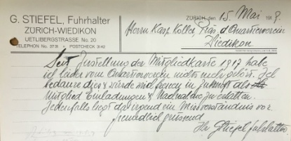 Fuhrhalter G. Stiefel beklagt sich, seit seinem Vereinseintritt 1917, 'vom Quartierverein nichts mehr gehört zu haben'. Schreiben vom 15. Mai 1919 an Quartiervereinspräsident Kaspar Koller