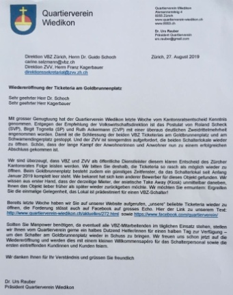 Brief des Quartiervereins an VBZ und ZVV vom 27. August 2019