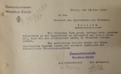 Schreiben des Damenturnvereins an den Quartierverein Wiedikon, dass die Damen sehr gerne an der 1. August-Feier 1919 teilnehmen würden.