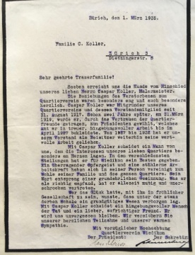 Brief von Quartiervereins-Präsident Hans Kleiner an die Trauerfamilie Koller vom 1. März 1935