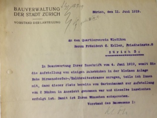 Schreiben von Bauvorstand Emil Klöti vom 11. Juni 1919