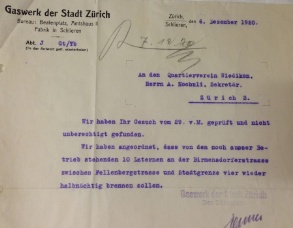 Schreiben des Gaswerks vom 6. Dezember 1920