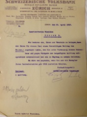 Die Schweizerische Volksbank kündigt dem Quartierverein am 24. April 1919 eine Spende von 100 Franken an