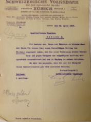 Die Schweizerische Volksbank kündigt dem Quartierverein am 24. April 1919 eine Spende von 100 Franken an Die Schweizerische Volksbank kündigt dem Quartierverein am 24. April 1919 eine Spende von 100 Franken an