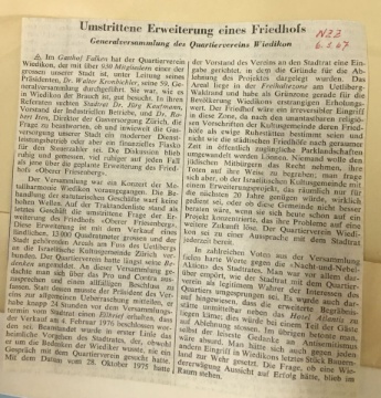 Artikel in der NZZ vom 6. März 1976 über die GV des Quartiervereins Wiedikon zum umstrittenen Thema Friedhofserweiterung