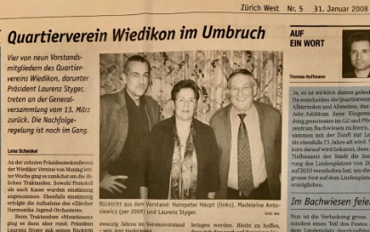 Laurenz Styger, Präsident des Quartiervereins (1994-2008), hier zusammen mit Hanspeter Haupt (links), Aktuar, und Madeleine Antosiewicz, Vereinsbeauftragte. Bericht aus Zürich West vom 31. Januar 2008.