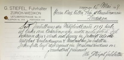 Fuhrhalter G. Stiefel beklagt sich, seit seinem Vereinseintritt 1917, 'vom Quartierverein nichts mehr gehört zu haben'. Schreiben vom 15. Mai 1919 an Quartiervereinspräsident Kaspar Koller Fuhrhalter G. Stiefel beklagt sich, seit seinem Vereinseintritt 1917, 'vom Quartierverein nichts mehr gehört zu haben'. Schreiben vom 15. Mai 1919 an Quartiervereinspräsident Kaspar Koller