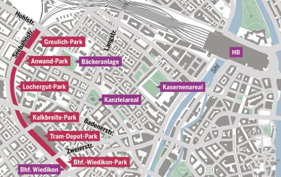 Konzept eines Seebahn-Parks von Hohlstrasse bis Bahnhof Wiedikon