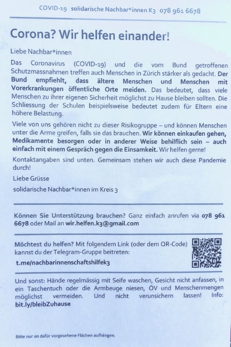 Flyer der Gruppe solidarische Nachbar*innen im Kreis 3