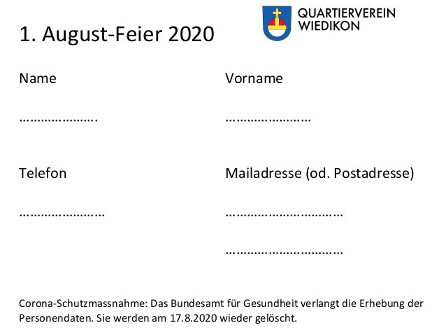 Mit diesem Formular werden am 1. August 2020 die Kontaktdaten erhoben