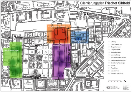 Orientierungsplan Friedhof Sihlfeld mit drei Problemzonen: Sektor C (violett), «Liegewiese» (orange) und Krematorium (blau)