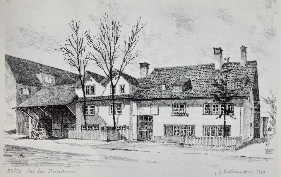 Die Häuser Steinstrasse 8 (rechts) und 10 (links) sind fast zusammengebaut (Zeichnung J. Eschenmoser 1980)