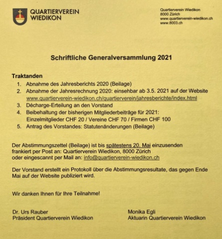 Traktanden der schriftlichen Generalversammlung 2021