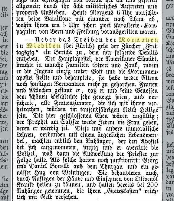 Zeitungsberichte aus dem «Bund» vom August 1857 …