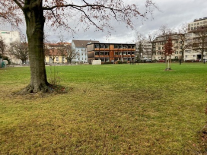 Aegertenwiese 100 Jahre später, von der Manessestrasse aus gesehen. Im Hintergrund: Turnhalle (gelb), Schulhaus (blau) und Züri-Modular-Pavillon (braun) Aegertenwiese 100 Jahre später, von der Manessestrasse aus gesehen. Im Hintergrund: Turnhalle (gelb), Schulhaus (blau) und Züri-Modular-Pavillon (braun)