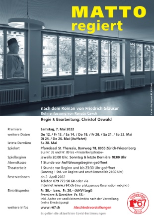 Flyer zum neuen r67-Stück im Pfarreisaal St. Theresia Friesenberg