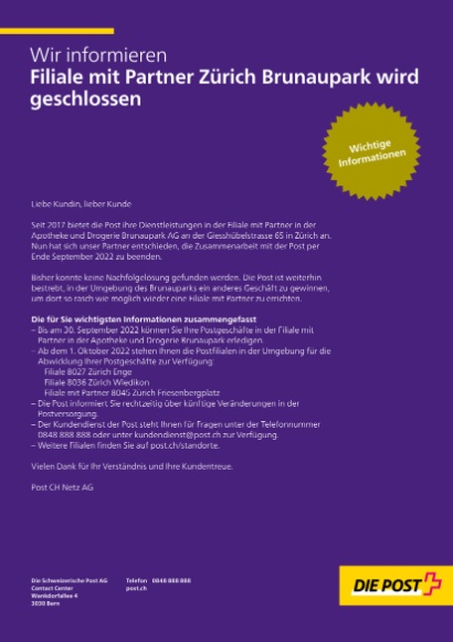 Flyer der Post zur Schliessung der Filiale Brunaupark