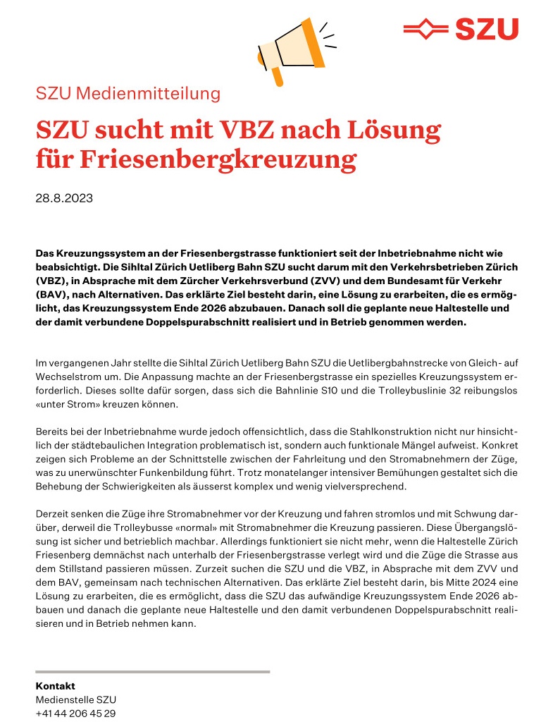 Medienmitteilung der SZU vom 28. August 2023