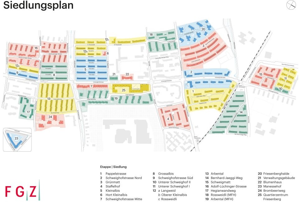 Der FGZ-Siedlungsplan mit allen 25 Bauetappen von 1924 bis 2019 