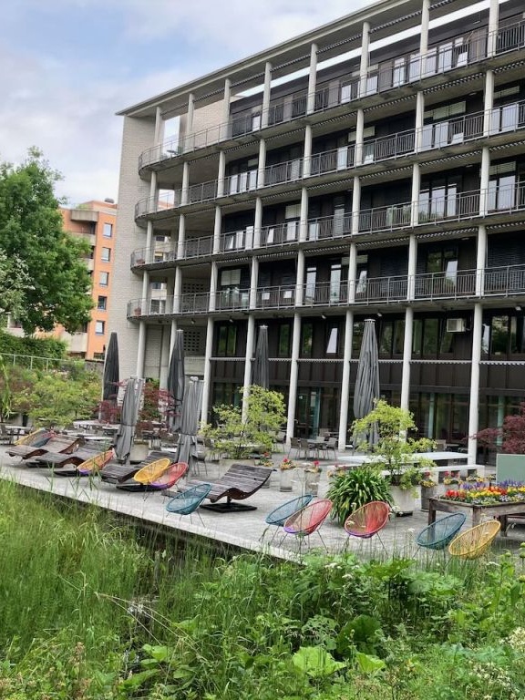 Terrasse der Cafeteria Dreieck zum Naturpark hin