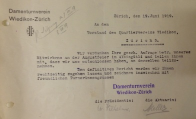 Schreiben des Damenturnvereins an den Quartierverein Wiedikon, dass die Damen sehr gerne an der 1. August-Feier 1919 teilnehmen würden. Schreiben des Damenturnvereins an den Quartierverein Wiedikon, dass die Damen sehr gerne an der 1. August-Feier 1919 teilnehmen würden.