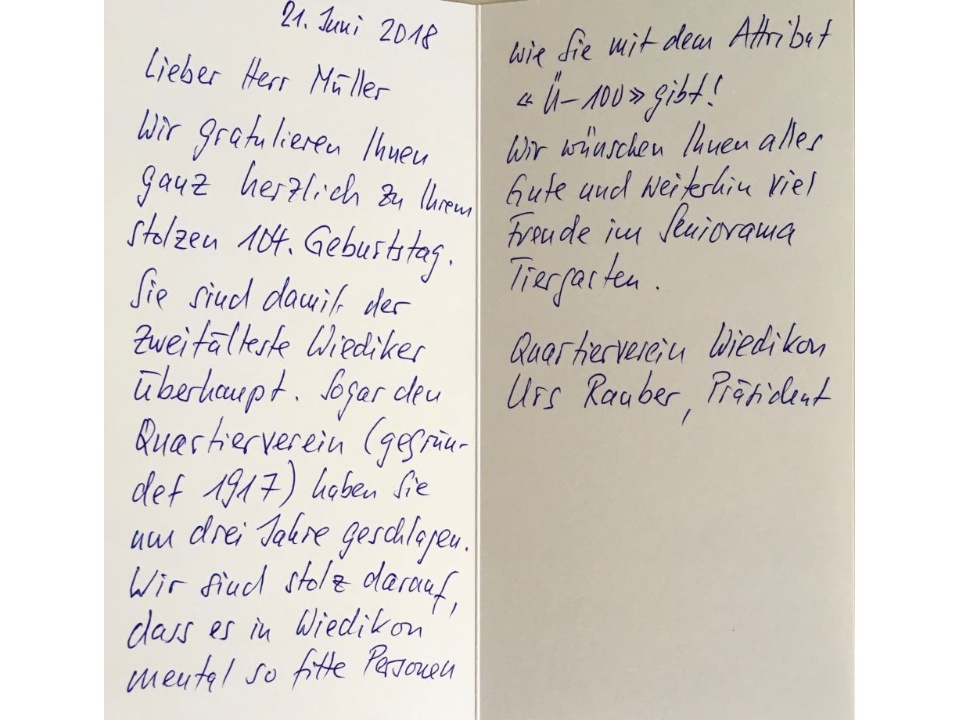 Glückwünsche des Quartiervereins an Walter Müller